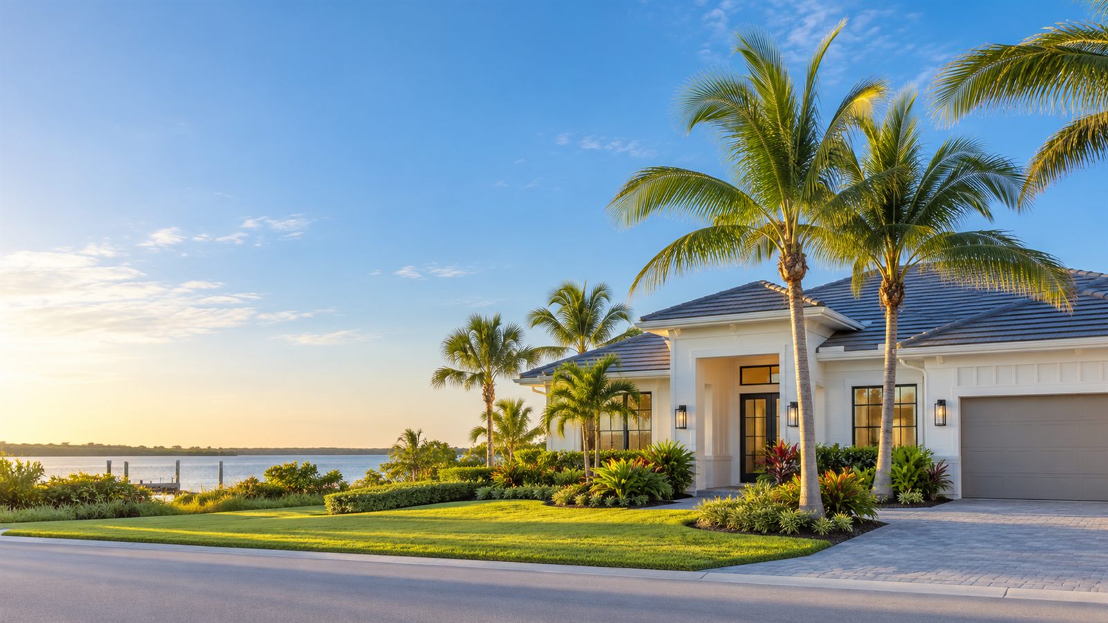 Illustrative coastal Florida home framed by palms